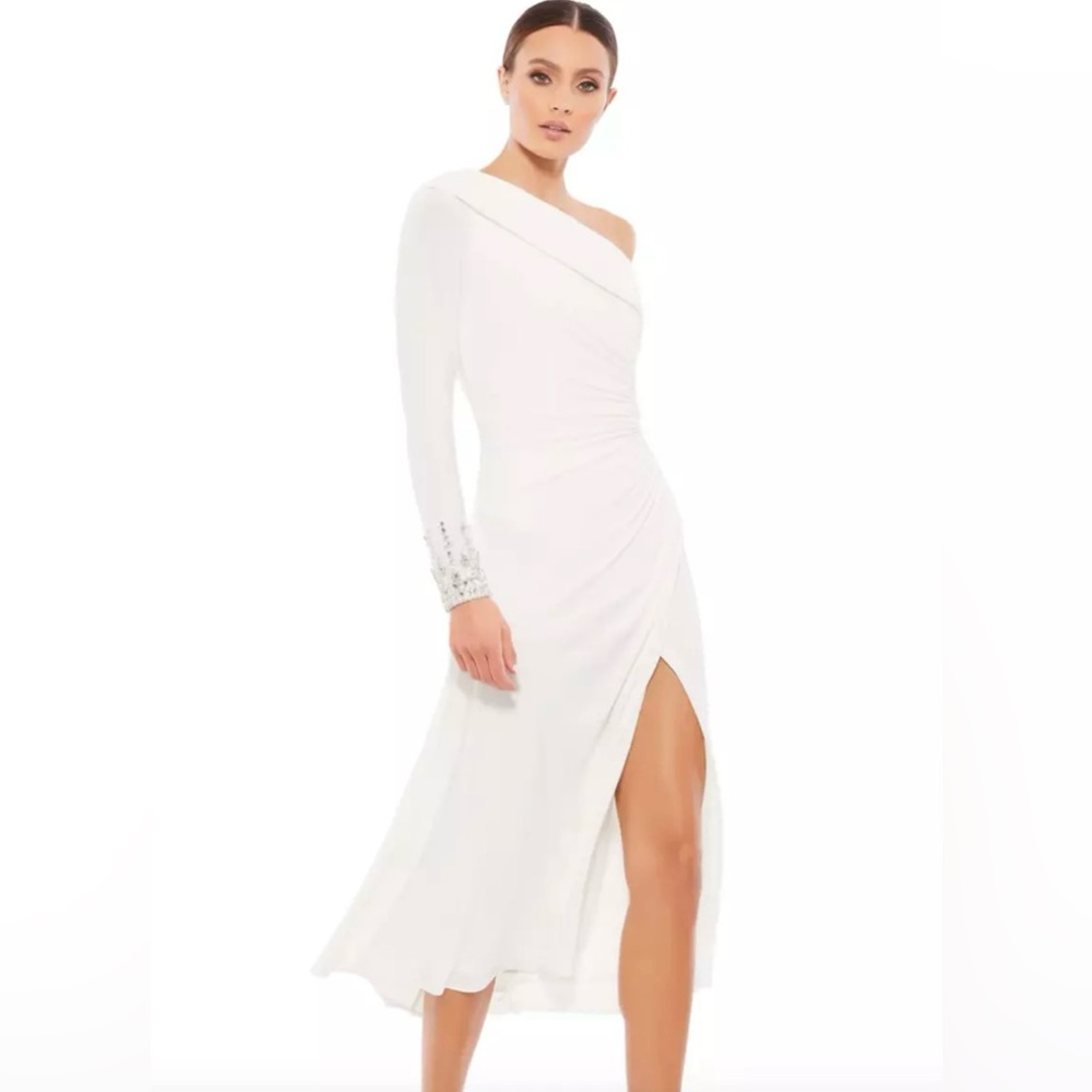 Mac Duggal 26485 FOLDOVER LONG SLEEVE JEWELED MIDI DRESS SZ: 14